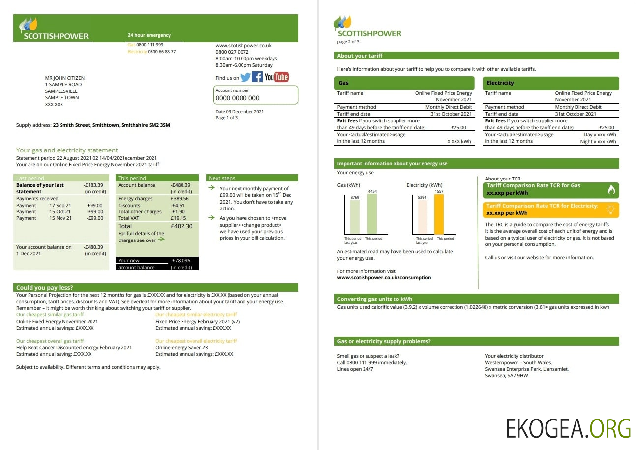 USA ScottishPower utility bill template in Word and PDF format (3 pages) 1 2